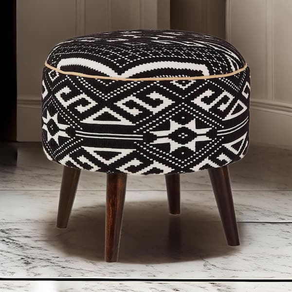 Benjara White and Black Cotton Round Storage Ottoman Medium