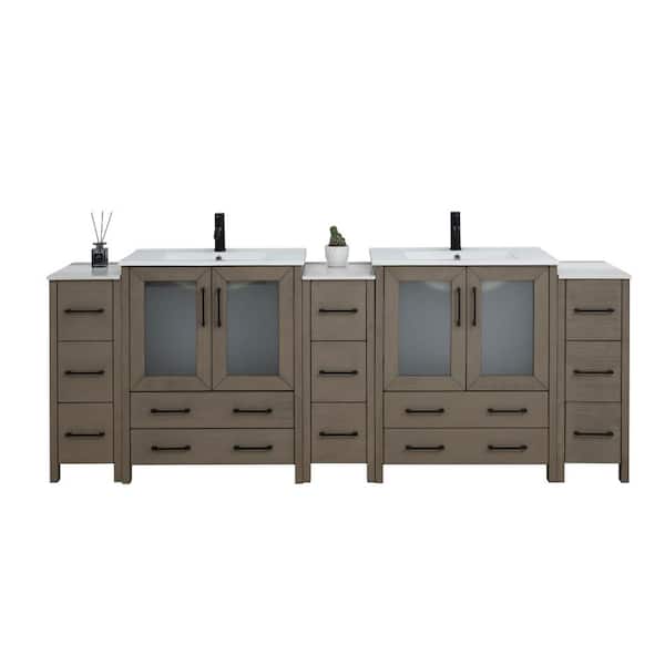 96 in. W x 18 in. D x 36 in. H Driftwood Gray Bath Vanity with White Ceramic Top and Mirror