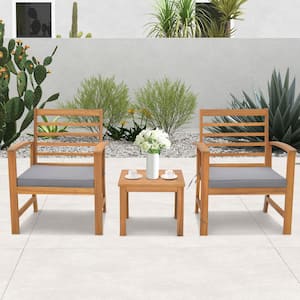 3-Piece Acacia Wood Patio Conversation Set with Soft Seat Gray Cushions, Humanized Design