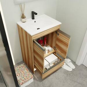 24 in. W x 18.3 in. D x 35.4 in. H Modern Freestanding Bathroom Vanity with 1 White Resin Sink, Drawer in Yellow(Maple)