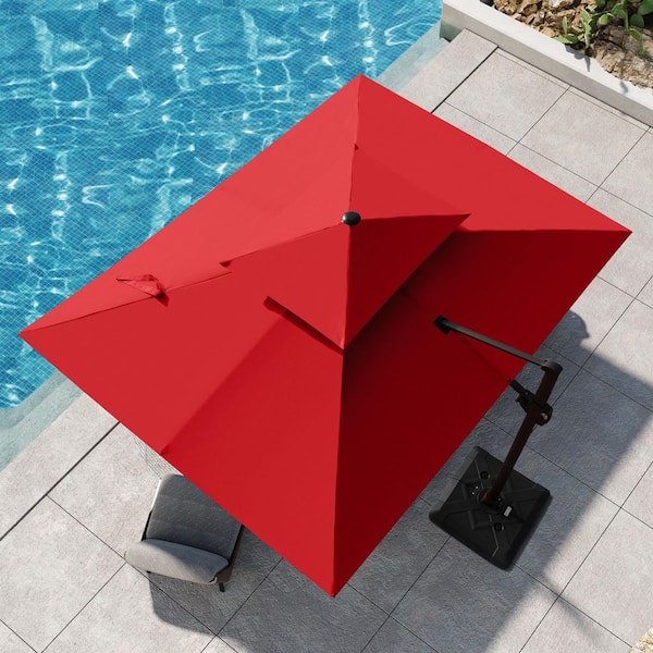Double Top 9 ft. x 12 ft. Aluminum Outdoor Parasol 360° Rotation Cantilever Patio Umbrella in Red with Fillable Base