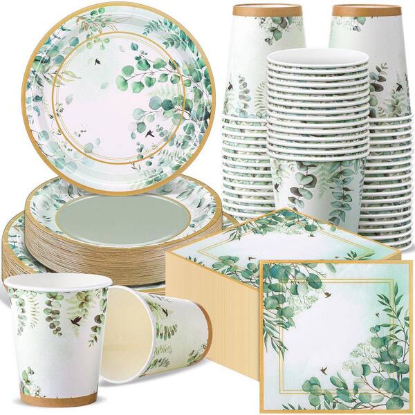 250-Piece Sage Green Disposable Tableware Set with Paper Plates, Cups and Napkins, Serves 50