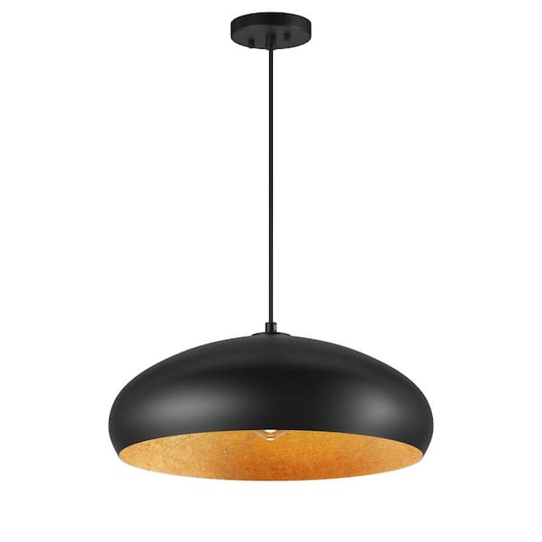 Farmhouse 19.69 in. 1-Light Black and Gold Pendant Light Kitchen Island Dome Hanging Light