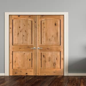 48 in. x 80 in. Knotty Alder 2 Panel Universal/Reversible Clear Stain Wood Double Prehung Interior Door