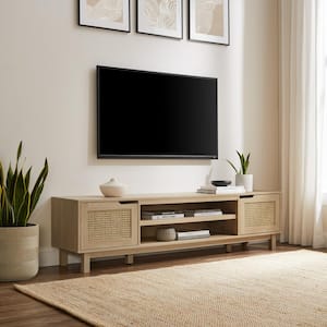 70 in. Coastal Oak Wood Modern TV Stand with 2 Faux Rattan Doors Fits TVs up to 80 in.