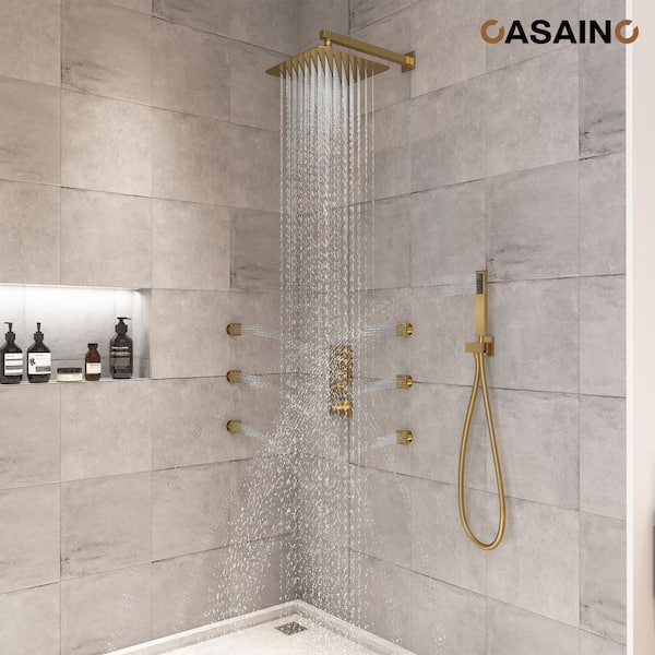 Luxury Thermostatic 3-Spray 12 in. Flush Wall Mount Rainfall Shower Faucet with Handheld Shower 1.8 GPM in Brushed Gold