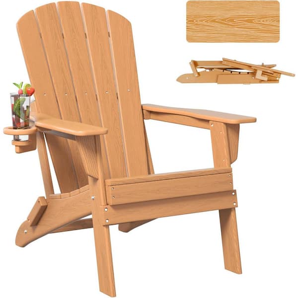 Teak Folding Adirondack Chair with Cup Holder and Extended Ergonomic Backrest (1-Pack)