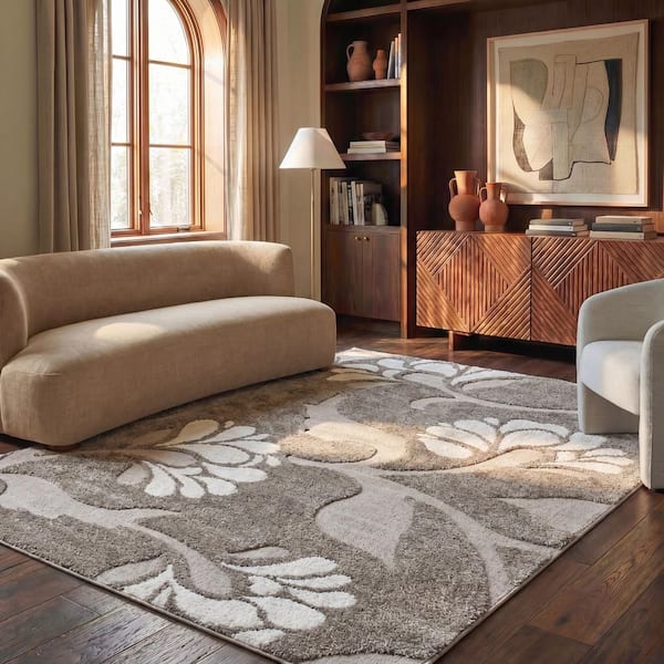 SAFAVIEH Florida Shag Smoke/Beige 8 ft. x 10 ft. Solid Floral Area