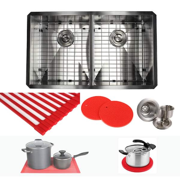 Kingsman Hardware Undermount Stainless Steel 32 in. x 19 in. x 10 in. Deep 16-Gauge 50/50 Double Bowl Zero Radius Kitchen Sink Combo