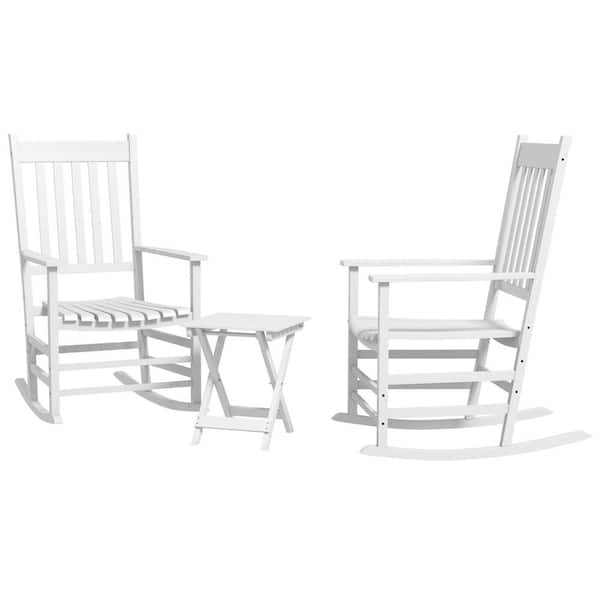 Unbranded 3-Piece Wood Patio Conversation Set of Rocking Chairs and Side Table with Smooth Armrests for Garden Balcony Porch White