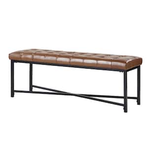 Cristian Camel Genuine Leather Tufted Bedroom Bench with Metal Legs