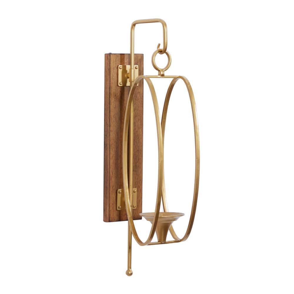 Tall Rustic Wood and Gold Metal Pillar Candle Lantern
