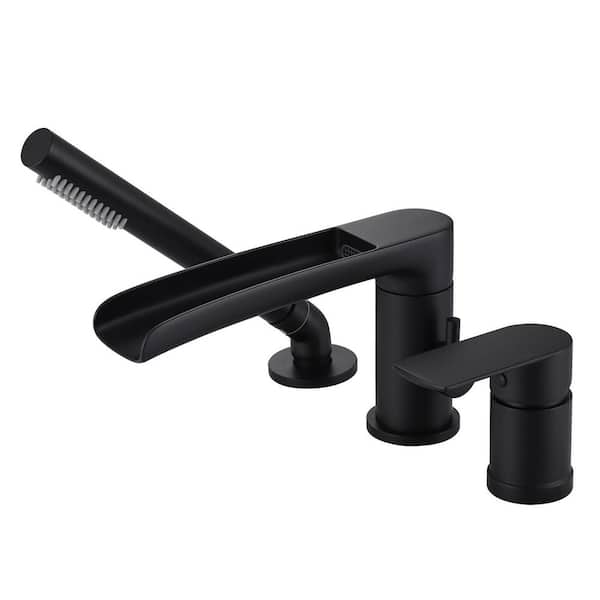 Single-Handle Deck-Mount Roman Tub Faucet with Swivel Waterfall Tub Spout,Hand Shower with 59 in. Hose in Matte Black