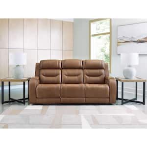 Guru 84 in. Track Arm Leather Match Rectangle Power Reclining Sofa with Cup Holders and USB Ports in Brown