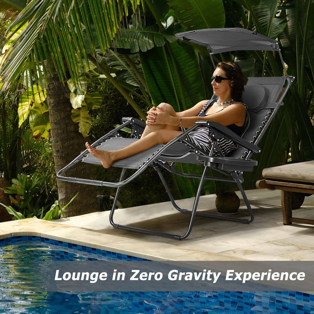 Black Steel Folding Chaise Lounge Chair with Adjustable Sun Shade Canopy