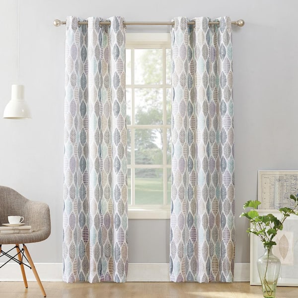 Mikko Leaf Print White 40 in. W x 63 in. L Grommet Light Filtering Curtain (Single Panel)