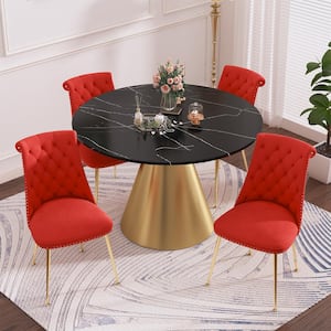 5-Piece Round Stainless Steel Black and Gold Marble Top Table Set Seats 4 (4 Red Dining Chairs)