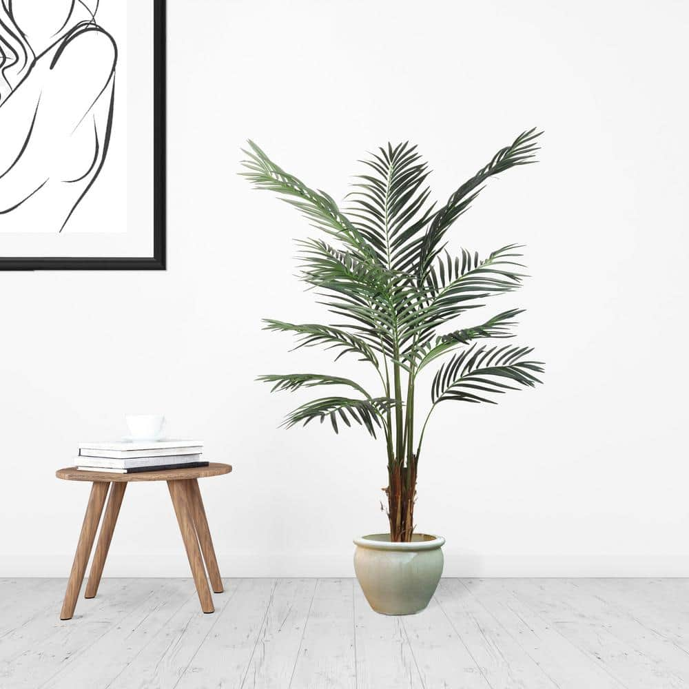 Larksilk 5 in. Artificial Areca Palm Tree in Black Pot 372 -Silk Leaves ...