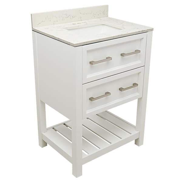 Amluxx Milan 25 in. W x 19 in. D Bath Vanity in. White with Quartz Stone Vanity Top in Lyra White with White Basin