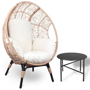 Natural Wicker Outdoor Chaise Lounge, Egg Chair with White Cushions and Side Table