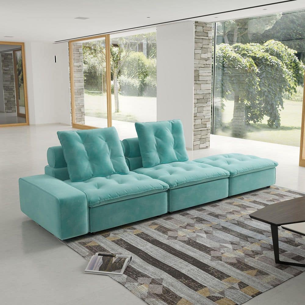 129.94 in. W Square Arm 3-piece Modular Velvet Free Combination Modern Sectional Sofa in. Blue with Ottoman