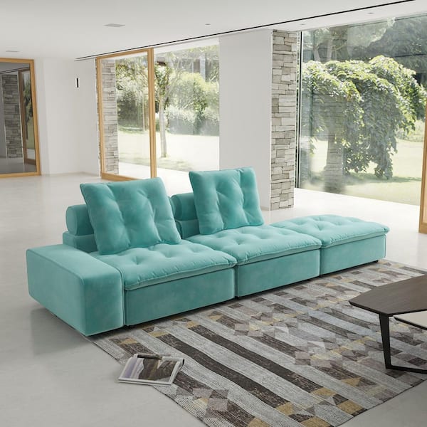 J&E Home 129.94 in. W Square Arm 3-piece Modular Velvet Free Combination Modern Sectional Sofa in. Blue with Ottoman