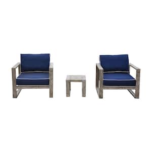 North Shore Driftwood Gray Teak 3-Piece Wood Outdoor Bistro Set with Blue Cushions