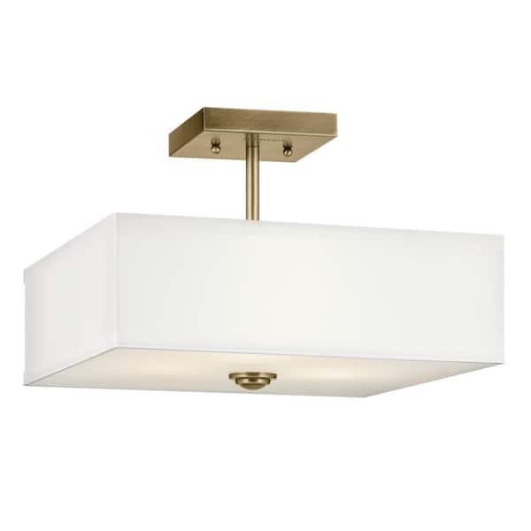 KICHLER Shailene 14 in. 3-Light Natural Brass Square Hallway Transitional Semi-Flush Mount Ceiling Light with Microfiber Shade