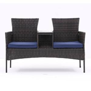 Brown Wicker Outdoor Patio Loveseat, All Weather Patio Conversation Set with Blue Cushions & Built-in Glass Coffee Table