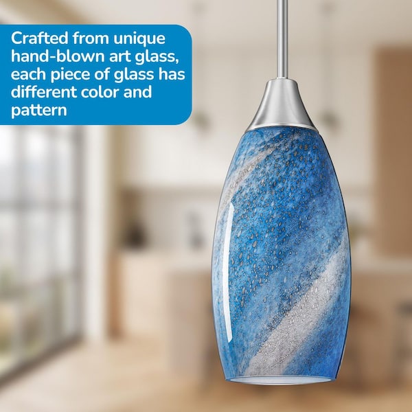 60 -Watt 1 Light Dark Blue Adjustable Rods Medium Pendant Light with Hand Blown Glass Shade, No Bulbs Included