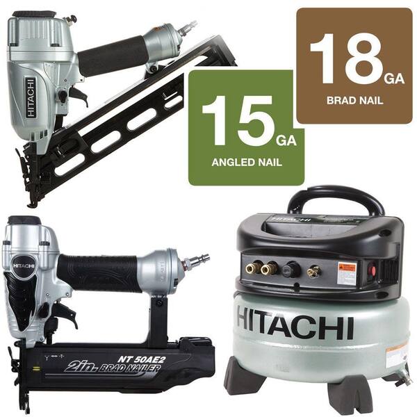 Hitachi 3-Piece 2.5 in. x 15-Gauge Angled Finish Nailer, 18-Gauge x 2 in. Finish Nailer and 6 gal. Compressor