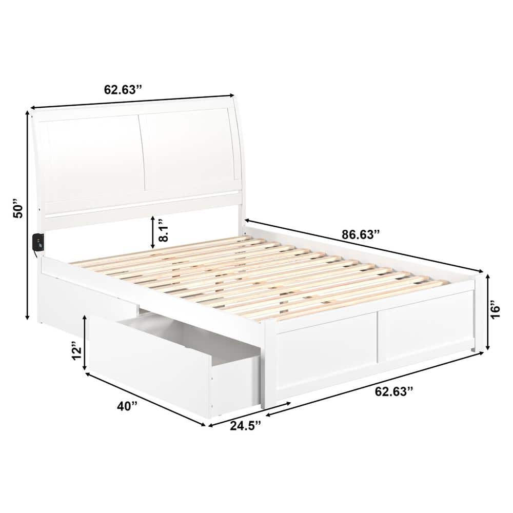 White Queen Wood Platform Bed with Storage Drawers