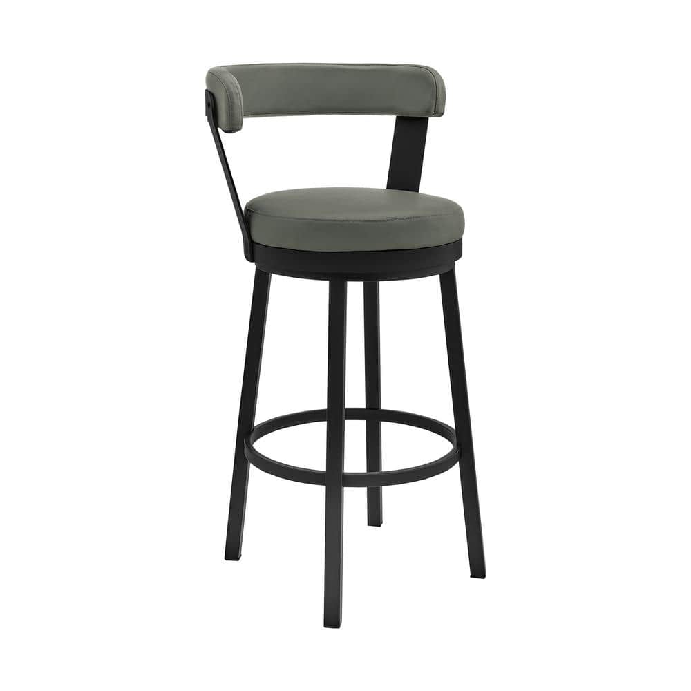 Kobe 30" Black Finish Swivel Bar Stool with Gray Faux Leather