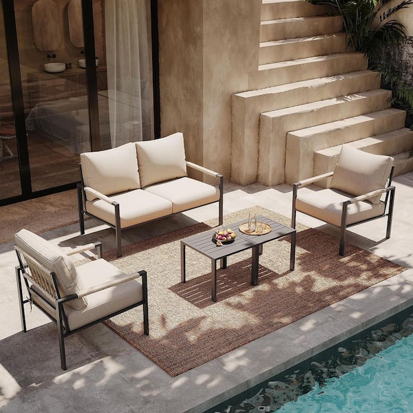 AURA OUTDOOR 5-Piece Metal Patio Conversation Set 4-Seat Outdoor Sofa Set with Beige Cushions and Coffee Tables