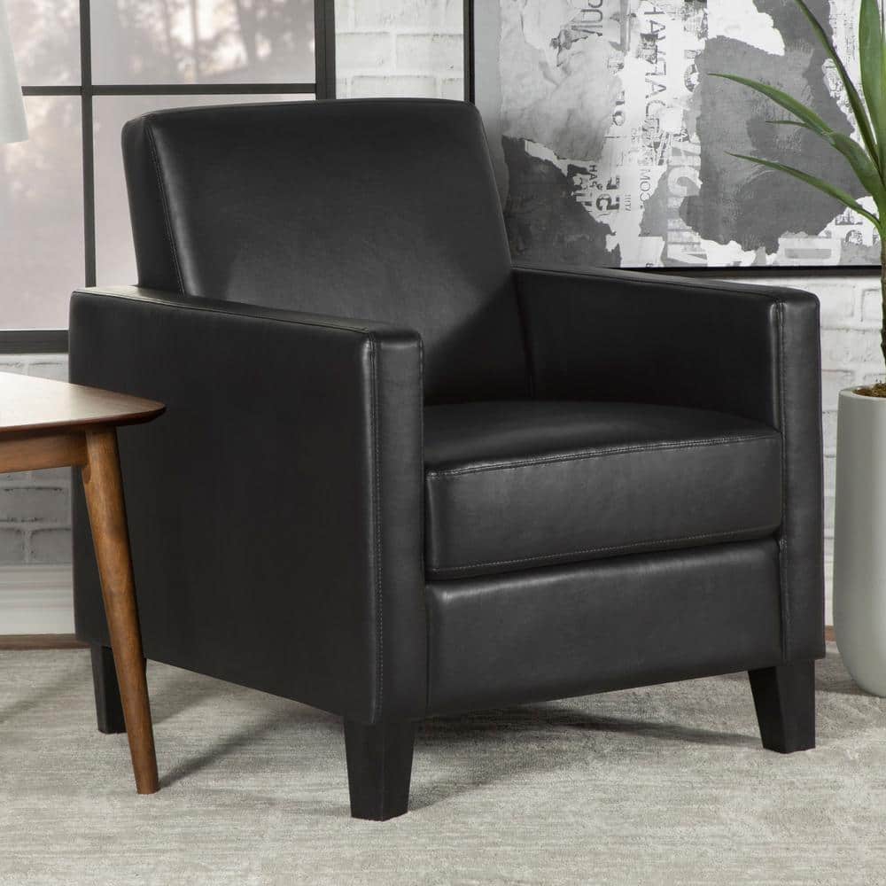 Modern Black Faux Leather Accent Chair with Track Arms