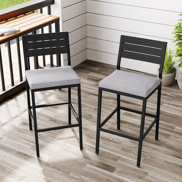 Patio Metal Outdoor Bar Stool with Light Gray Cushions (Set of 2)