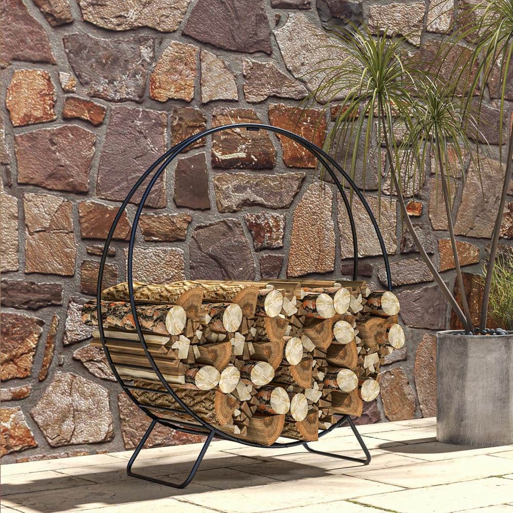 Black Powder Coated Steel 40" Firewood Rack with Waterproof Cover