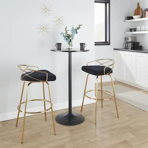Charlotte Glam 29.75 in. Black Velvet and Gold Metal Fixed-Height Bar Stool with Round Footrest (Set of 2)