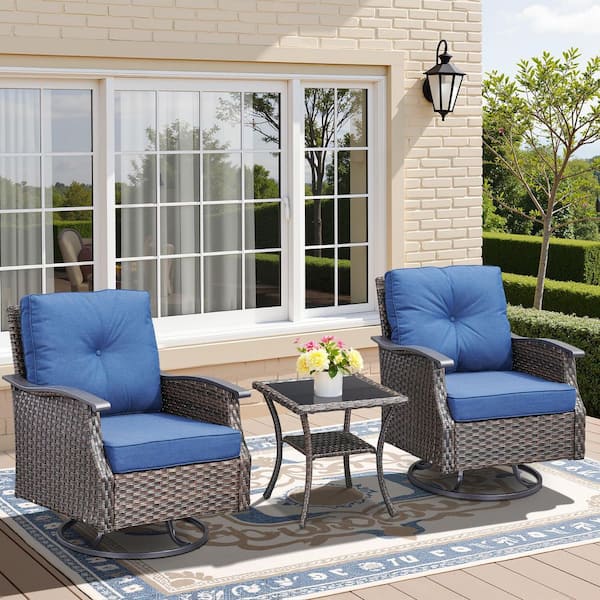 Buenaola Nyajiah 3-Piece Dark Brown Swivel Wicker Outdoor Lounge Chair Set with Blue Cushions and 1-Side Table