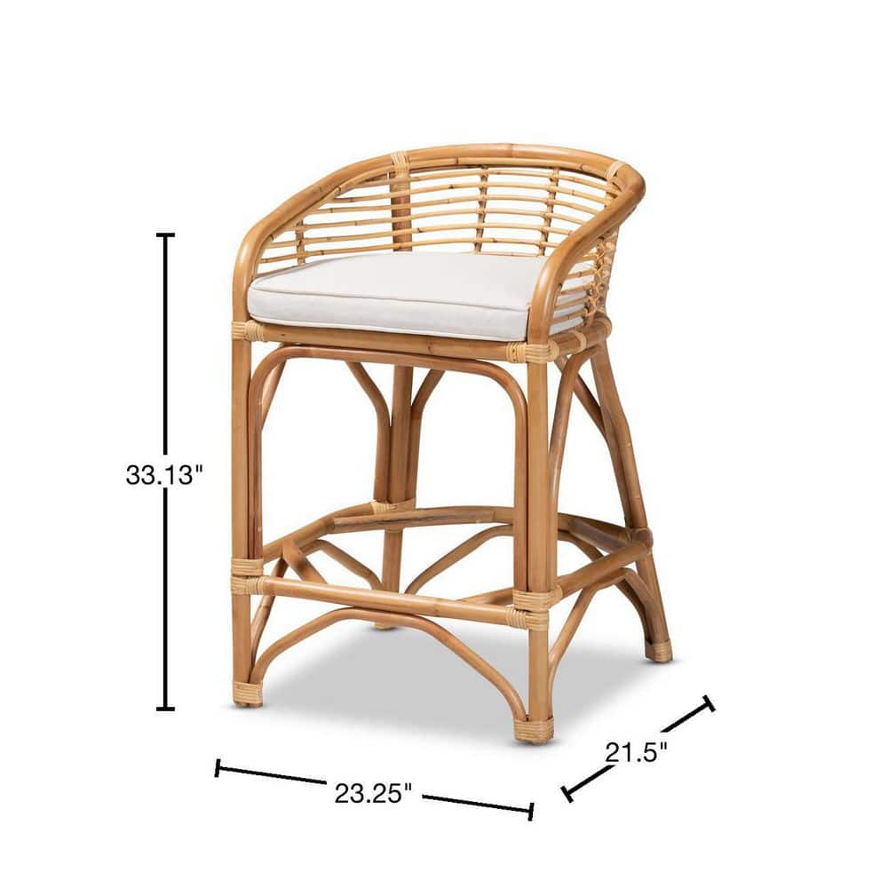 Tropical Oasis White Fabric and Natural Rattan Counter Stool