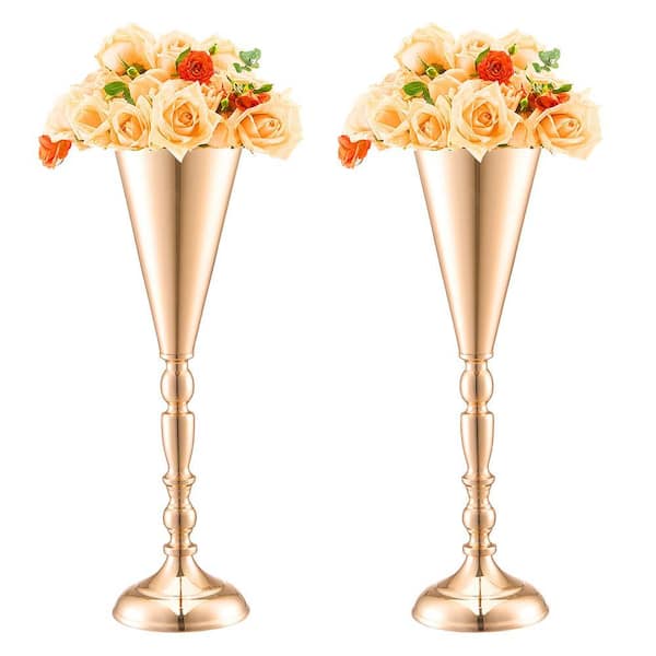 10 PCS 43 cm/16.9 in. Tall Wedding Flower Vase Metal Wedding Trumpet Centerpiece Gold Floral Stand Display Steel Round