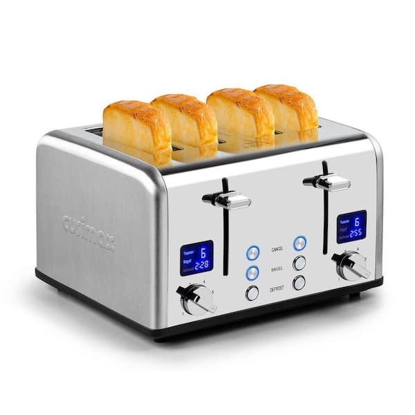 4-Slice Silver Stainless Steel Wide Slot Toaster with 6 Shade Settings, Ultra-Clear LED Display, Dual Control Panels