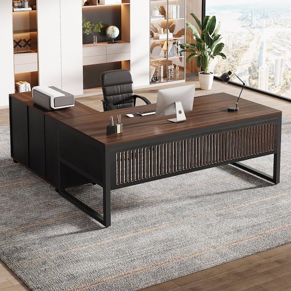 Capen 63 in. Walnut&Black Wood Executive Desk and Mobile File Cabinet, Business Furniture with Storage Drawers Shelves
