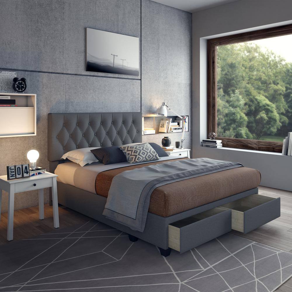 Salerno Black Queen Upholstered Platform Bed with Storage Drawers