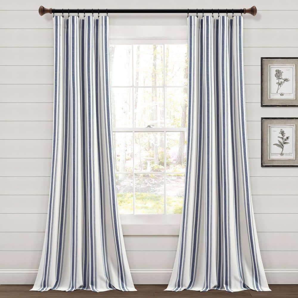 Navy and White Cotton Blend Striped Window Curtain Panels, 42"W x 95"L
