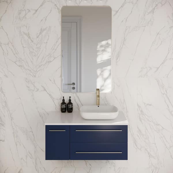 Lucera 36 in. Single Sink Wall Mount Royal Blue Bath Vanity with White Quartz Top and Vessel Sink - Right Version