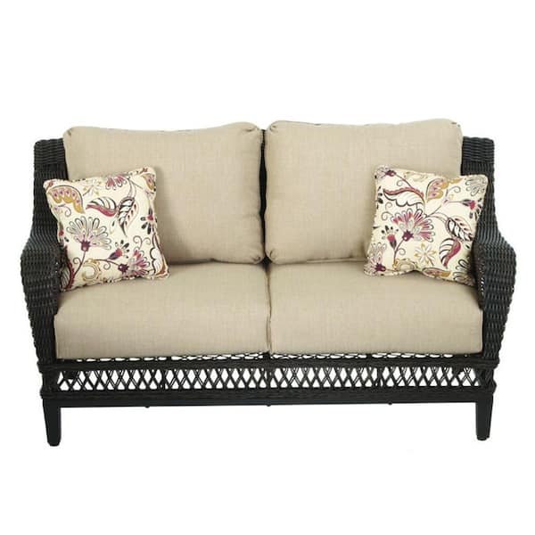 Hampton Bay Woodbury All-Weather Wicker Outdoor Patio Loveseat with Textured Sand Cushion