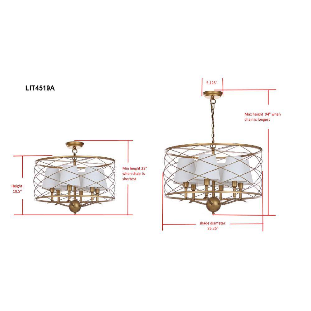 Thea Gold LED Drum Pendant Lamp with White Shades