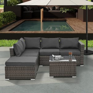 5-Piece Outdoor Patio Brown PE Wicker Conversation Set Furniture Set with Tempered Glass Coffee Table and Gray Cushions