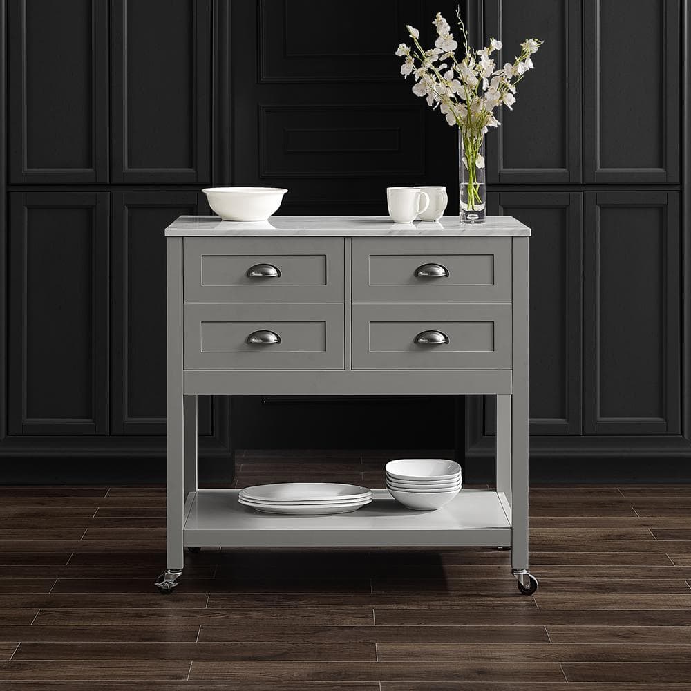 Elegant Gray Kitchen Cart with Faux Marble Top and Ample Storage